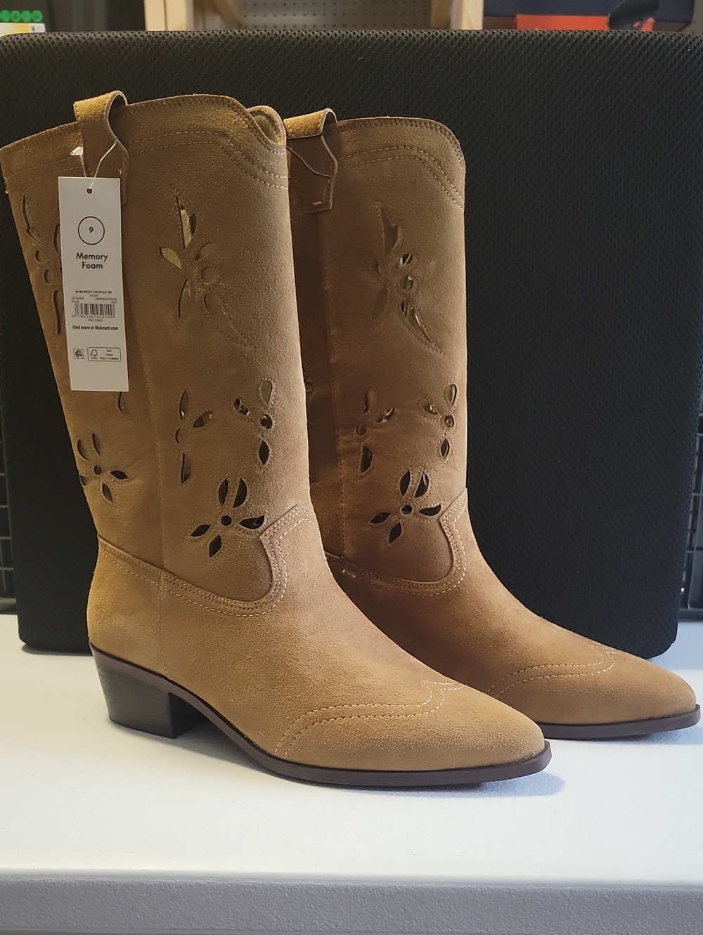 Women's Tan Suede Cowboy Boots with Memory Foam.  T2
